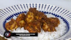 Camarones salteados en ghee con arroz hervido | Sopa cremosa de pescado | Ají